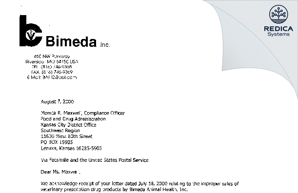 FDA 483 Response - Bimeda, Inc. [Le Sueur Minnesota / United States of America] - Download PDF - Redica Systems