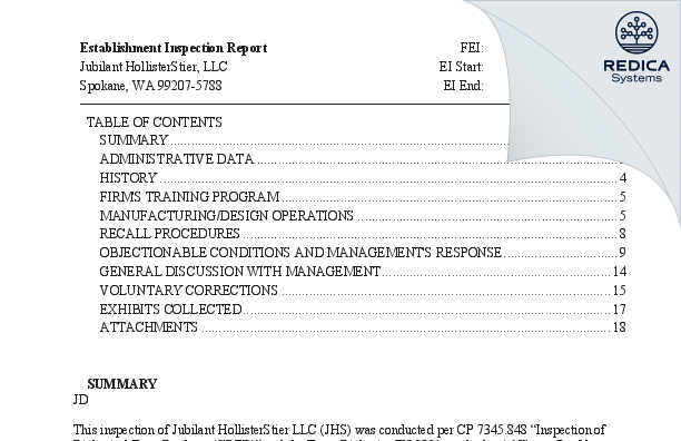 EIR - Jubilant HollisterStier LLC [Spokane / United States of America] - Download PDF - Redica Systems
