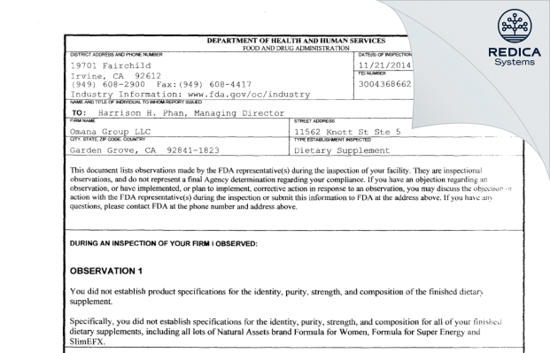 FDA 483 - Omana Group LLC [Garden Grove / United States of America] - Download PDF - Redica Systems