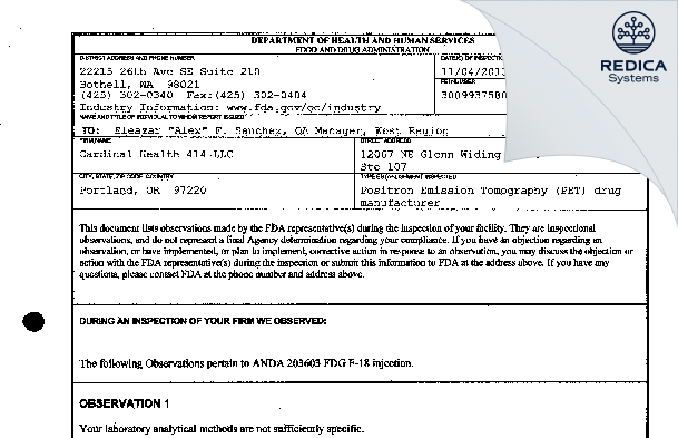 FDA 483 - Cardinal Health 414, LLC [Portland / United States of America] - Download PDF - Redica Systems