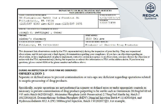 FDA 483 - Hieber's Pharmacy [Pittsburgh / United States of America] - Download PDF - Redica Systems