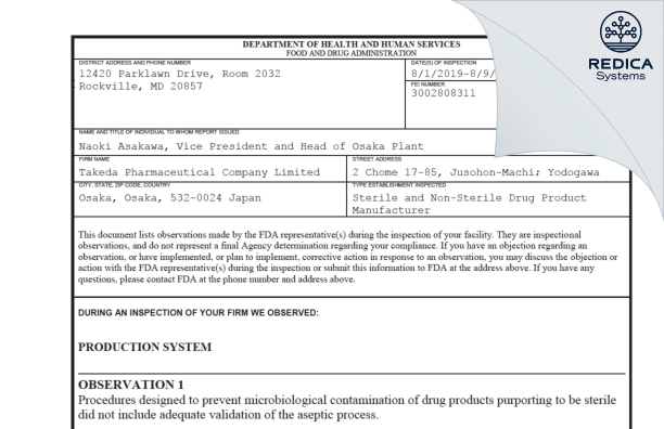 FDA 483 - Takeda Giken Service, Ltd. [Osaka / Japan] - Download PDF - Redica Systems