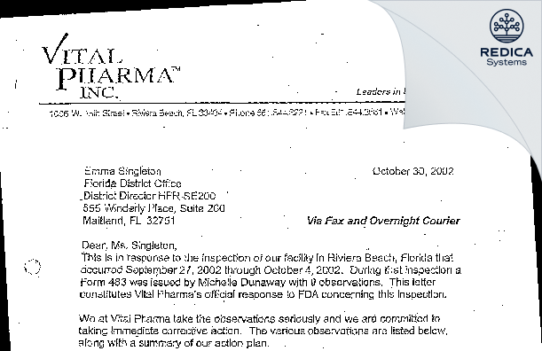 FDA 483 Response - Horizon Pharmaceuticals , Inc. [Riviera Beach / United States of America] - Download PDF - Redica Systems