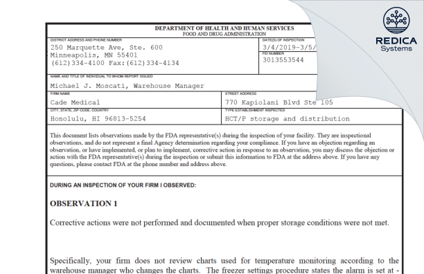 FDA 483 - Cade Medical [Honolulu / United States of America] - Download PDF - Redica Systems