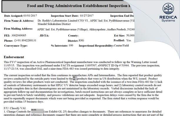 EIR - DR. REDDY'S LABORATORIES LIMITED [India / India] - Download PDF - Redica Systems