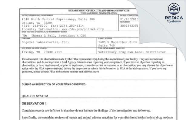 FDA 483 - Ceva Animal Health, LLC [Lenexa / United States of America] - Download PDF - Redica Systems