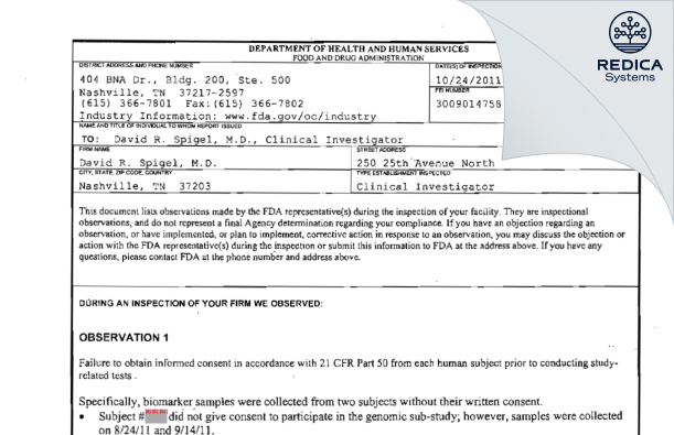 FDA 483 - David R. Spigel, M.D. [Nashville / United States of America] - Download PDF - Redica Systems