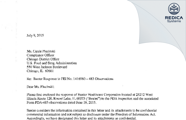 FDA 483 Response - Baxter Healthcare Corporation [Round Lake / United States of America] - Download PDF - Redica Systems