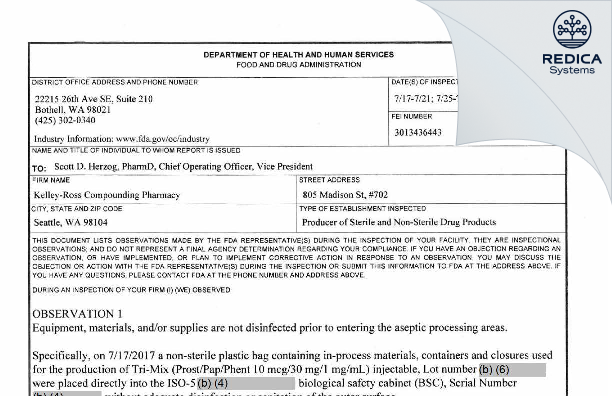 FDA 483 - Kelley-Ross & Associates, Inc. dba Kelley-Ross Compounding Pharmacy [Seattle / United States of America] - Download PDF - Redica Systems