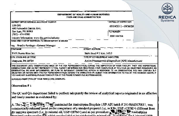 FDA 483 - TAPI Puerto Rico, Inc. [Guayama / United States of America] - Download PDF - Redica Systems
