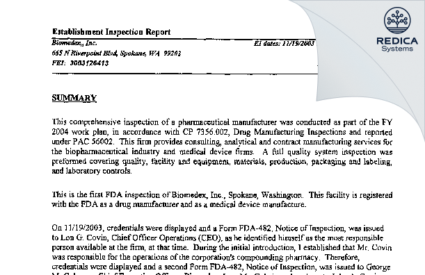 EIR - Biomedex, Inc. [Spokane / United States of America] - Download PDF - Redica Systems