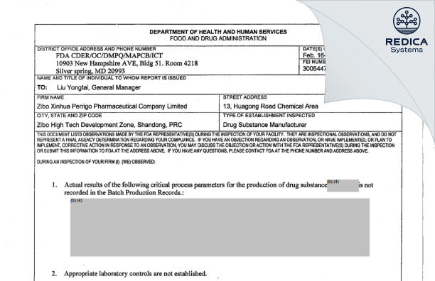 FDA 483 - Zibo Xinhua-Perrigo Pharmaceutical Co., Ltd [China / China] - Download PDF - Redica Systems