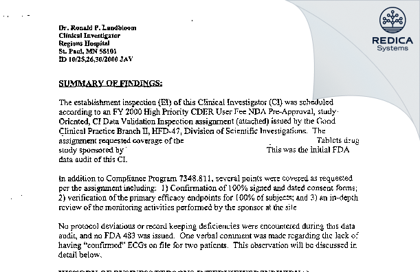 EIR - Landbloom, Ronald P., Clinical Investigator [Saint Paul / United States of America] - Download PDF - Redica Systems