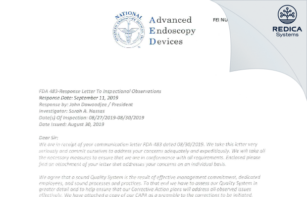 FDA 483 Response - National Advanced Endoscopy Devices Inc [Canoga Park / United States of America] - Download PDF - Redica Systems
