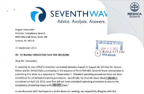 FDA 483 Response - Seventh Wave Laboratories LLC dba Inotiv [Maryland Heights / United States of America] - Download PDF - Redica Systems