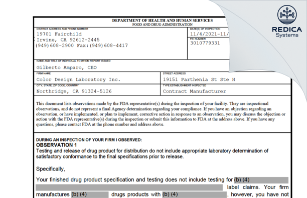FDA 483 - COLOR DESIGN LABORATORY INC. [Northridge California / United States of America] - Download PDF - Redica Systems