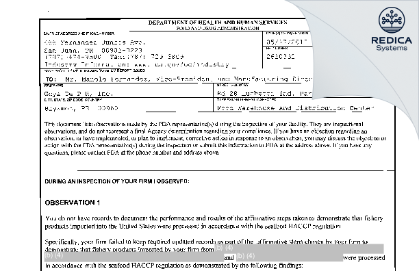 FDA 483 - Goya de Puerto Rico [Bayamon / United States of America] - Download PDF - Redica Systems