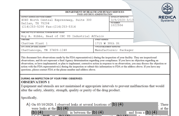 FDA 483 - CHATTEM, INC. [Chattanooga / United States of America] - Download PDF - Redica Systems
