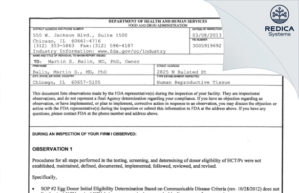 FDA 483 - Balin, Martin S., MD, PhD [Chicago / United States of America] - Download PDF - Redica Systems