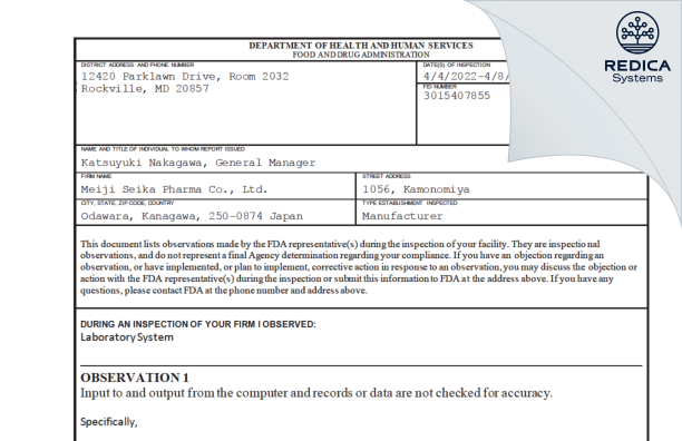 FDA 483 - Meiji Seika Pharma Co., Ltd. [Odawara / Japan] - Download PDF - Redica Systems