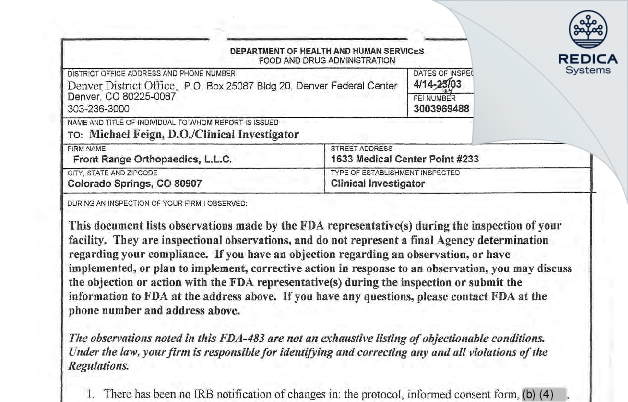 FDA 483 - Feign, Michael, D.O. [Colorado Springs / United States of America] - Download PDF - Redica Systems