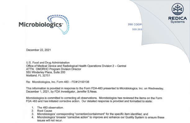 FDA 483 Response - Microbiologics Inc [Saint Cloud / United States of America] - Download PDF - Redica Systems