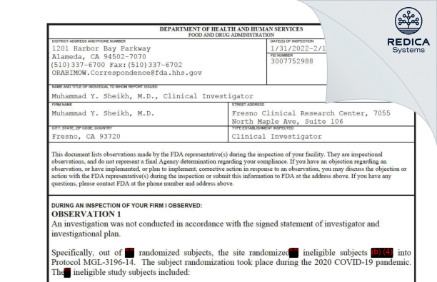 FDA 483 - Muhammad Y. Sheikh, M.D. [Fresno / United States of America] - Download PDF - Redica Systems