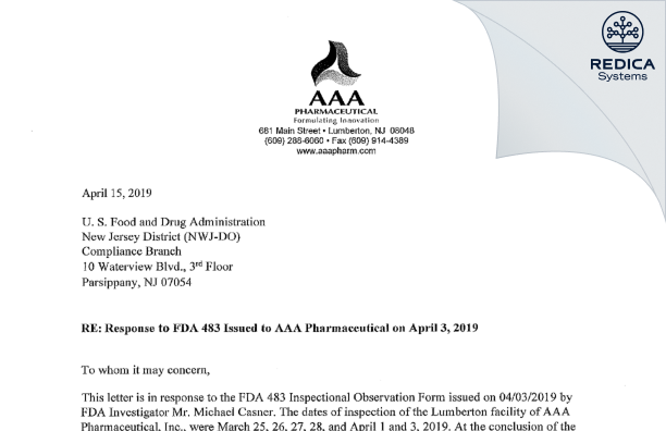 FDA 483 Response - AAA Pharmaceutical, Inc. [Jersey / United States of America] - Download PDF - Redica Systems