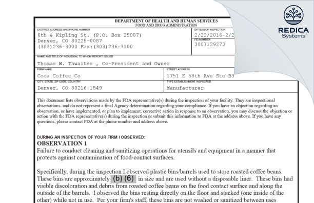 FDA 483 - Coda Coffee Co [Denver / United States of America] - Download PDF - Redica Systems