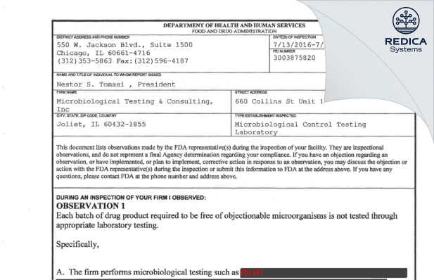 FDA 483 - Microbiological Testing & Consulting, LLC [Chicago / United States of America] - Download PDF - Redica Systems