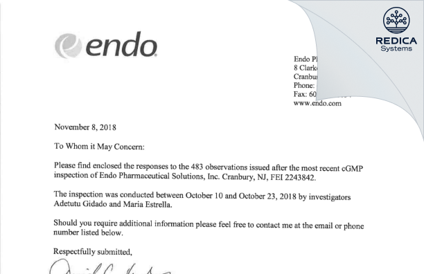 FDA 483 Response - Endo Pharmaceuticals Solutions Inc. [Jersey / United States of America] - Download PDF - Redica Systems
