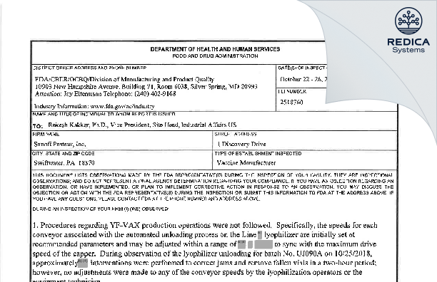 FDA 483 - Sanofi Pasteur Inc. [Swiftwater Pennsylvania / United States of America] - Download PDF - Redica Systems