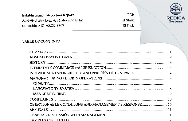 EIR - Analytical Biochemistry Laboratories Inc. dba ABC Labs. Inc. [Columbia / United States of America] - Download PDF - Redica Systems