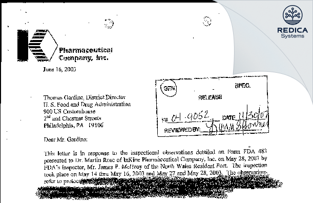 FDA 483 Response - InKine Pharmaceutical Co., Inc. [Blue Bell / United States of America] - Download PDF - Redica Systems