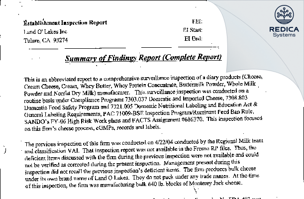 EIR - Land O' Lakes Inc [Tulare / United States of America] - Download PDF - Redica Systems