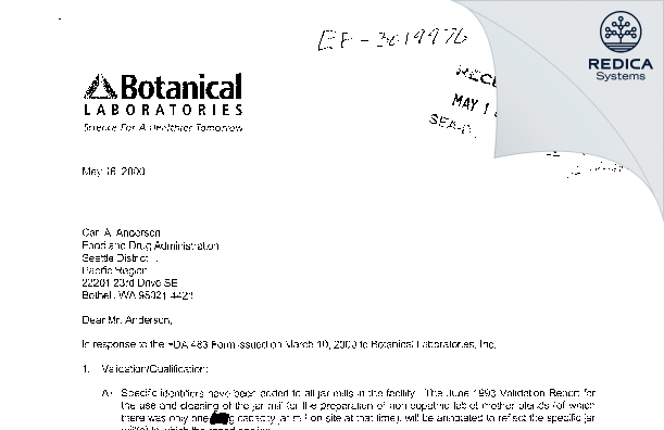 FDA 483 Response - Botanical Laboratories Inc [Ferndale / United States of America] - Download PDF - Redica Systems