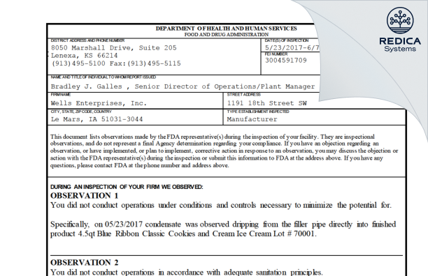 FDA 483 - Wells Enterprises, Inc. [Le Mars / United States of America] - Download PDF - Redica Systems