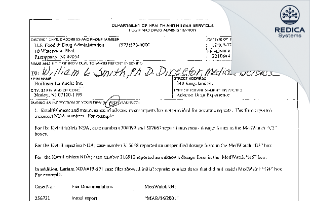 FDA 483 - Hoffmann La Roche Inc [Nutley / United States of America] - Download PDF - Redica Systems