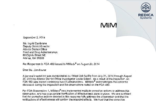 FDA 483 Response - MiMedx Group, Inc. [Marietta / United States of America] - Download PDF - Redica Systems