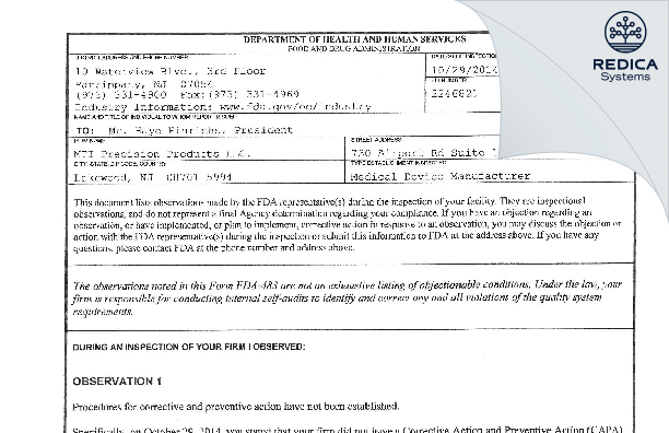 FDA 483 - MTI Precision Products LLC. [Coatesville / United States of America] - Download PDF - Redica Systems