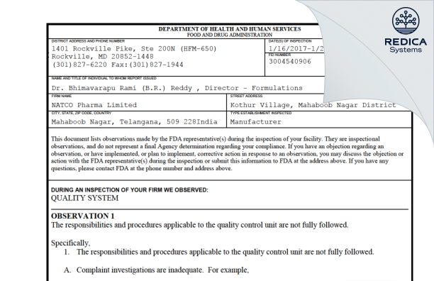 FDA 483 - NATCO PHARMA LIMITED [- / India] - Download PDF - Redica Systems