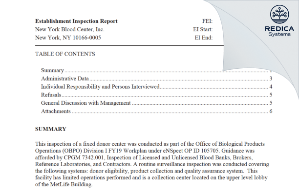 EIR - New York Blood Center Inc [New York / United States of America] - Download PDF - Redica Systems