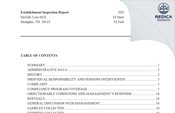 EIR - Lora J. McGill, M.D., PI [Memphis / United States of America] - Download PDF - Redica Systems