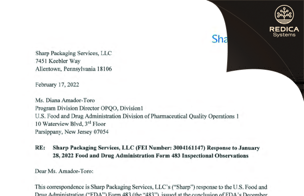 FDA 483 Response - Sharp Packaging Services, LLC [Allentown Pennsylvania / United States of America] - Download PDF - Redica Systems