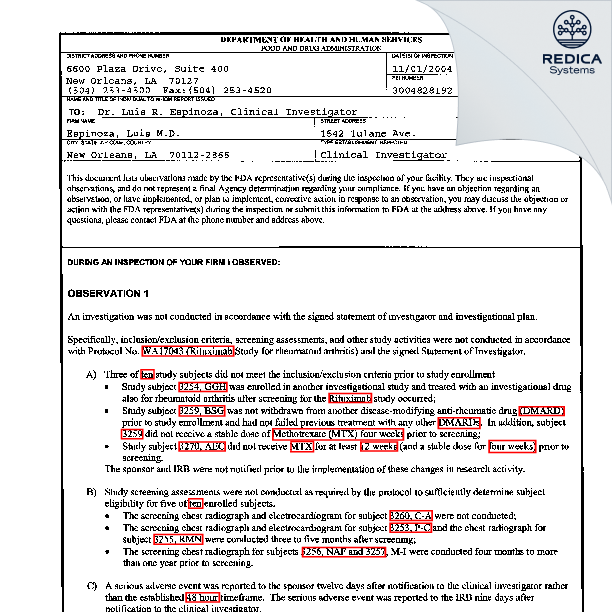 FDA 483 - Espinoza, Luis MD [New Orleans / United States of America] - Download PDF - Redica Systems