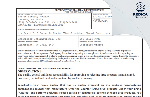 FDA 483 - Greenbrier International, Inc [Chesapeake / United States of America] - Download PDF - Redica Systems