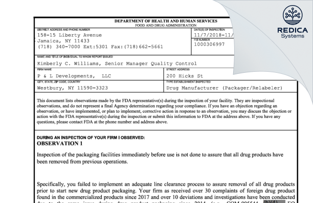 FDA 483 - P & L Development, LLC [New York / United States of America] - Download PDF - Redica Systems