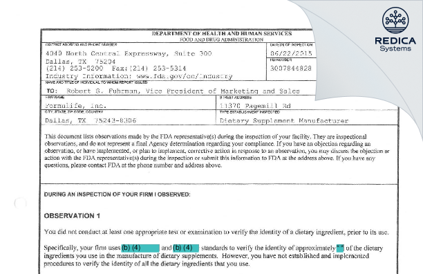 FDA 483 - Formulife, LLC [Allen / United States of America] - Download PDF - Redica Systems