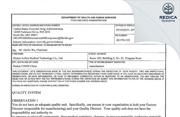 FDA 483 - Zhuhai Aofute Medical Technology Co., Ltd [Zhuhai 519070 China / China] - Download PDF - Redica Systems