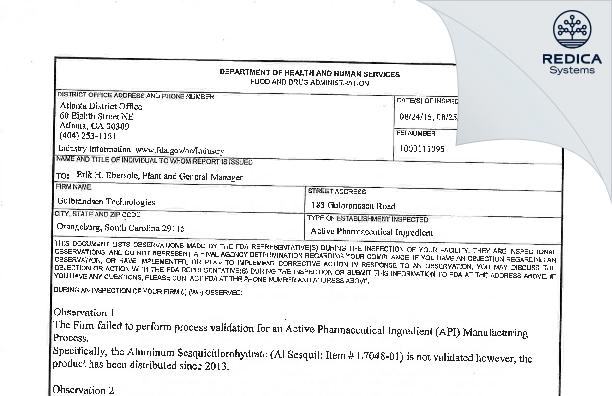 FDA 483 - Gulbrandsen Technologies Inc [Orangeburg / United States of America] - Download PDF - Redica Systems
